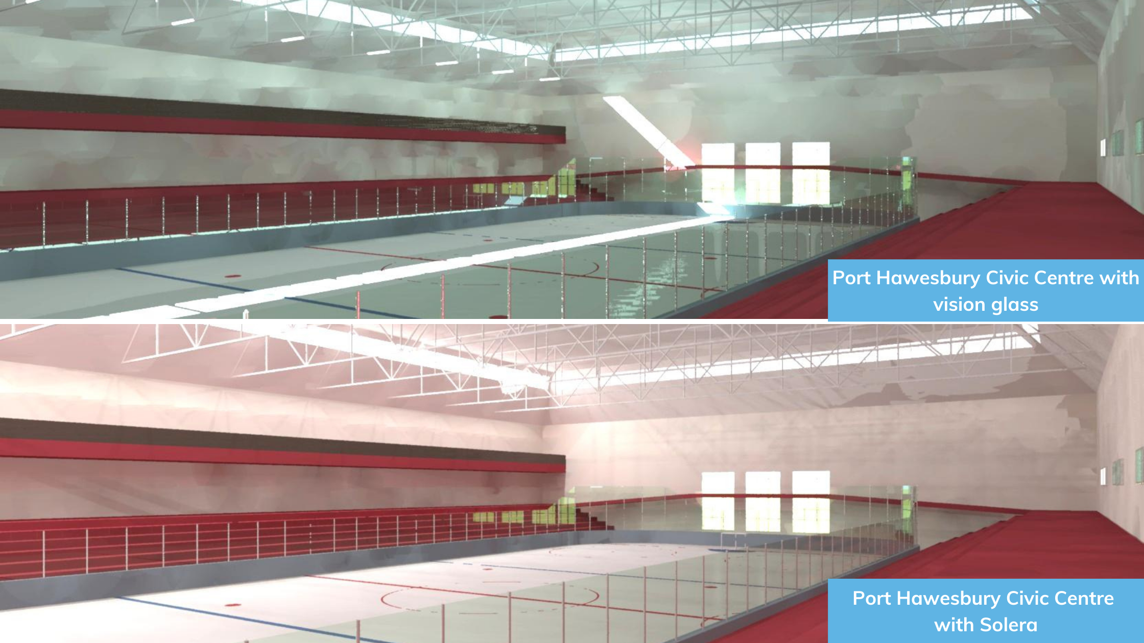 Port Hawesbury Civic Centre daylight models with vision glass top and Solera engineered daylight diffusers bottom.